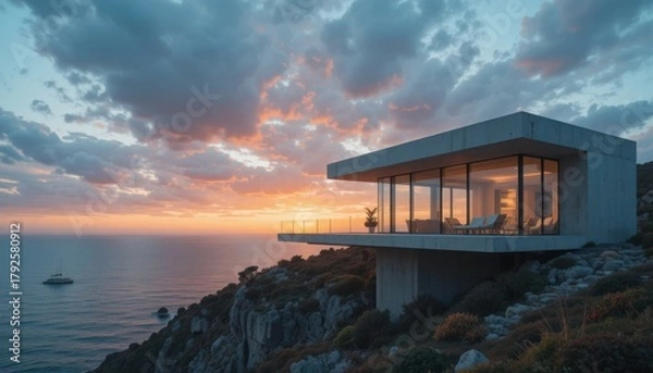 Obraz A modern minimalist vacation home on a cliff with glass walls showing a dramatic sunset over the sea.