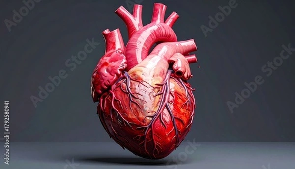 Obraz Detailed anatomical heart rendering. Vivid red vessels stand against gray background; textured, intricate, and medical