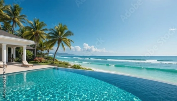 Obraz A seaside villa with infinity pool overlooking turquoise ocean waves, tropical palm trees, clear blue sky.