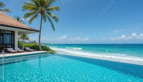 Obraz A seaside villa with infinity pool overlooking turquoise ocean waves, tropical palm trees, clear blue sky.