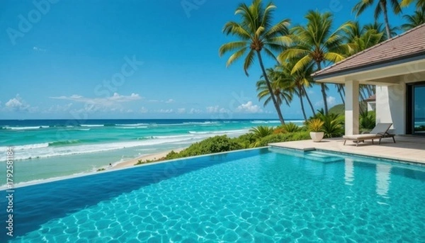 Obraz A seaside villa with infinity pool overlooking turquoise ocean waves, tropical palm trees, clear blue sky.