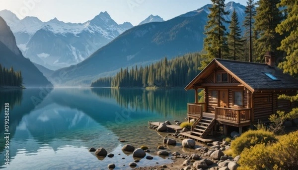 Obraz A luxury vacation house on a mountain peak with a breathtaking panoramic view of sunrise and misty valleys, modern glass design, peaceful atmosphere.