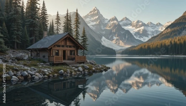 Obraz A luxury vacation house on a mountain peak with a breathtaking panoramic view of sunrise and misty valleys, modern glass design, peaceful atmosphere.