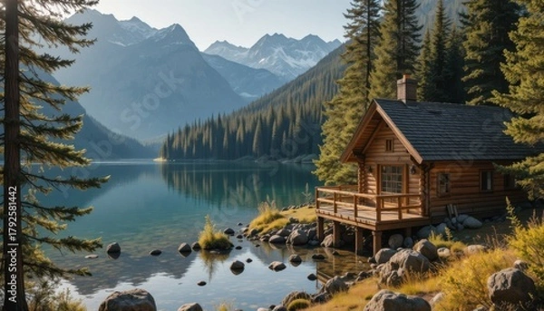 Obraz A luxury vacation house on a mountain peak with a breathtaking panoramic view of sunrise and misty valleys, modern glass design, peaceful atmosphere.