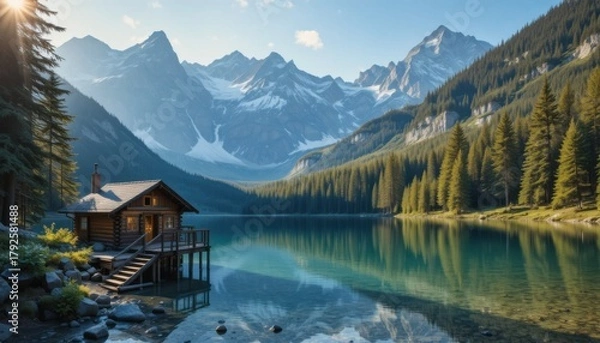 Obraz A luxury vacation house on a mountain peak with a breathtaking panoramic view of sunrise and misty valleys, modern glass design, peaceful atmosphere.