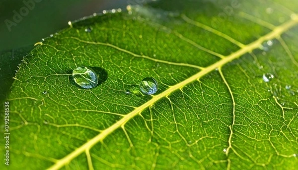 Obraz Detailed close-up of a vibrant green leaf with water droplets clinging to its surface, illuminated by sunlight