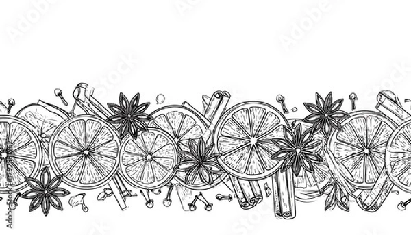 Obraz Detailed grayscale drawing of sliced oranges, star anise, cloves and cinnamon sticks repeating in a horizontal pattern