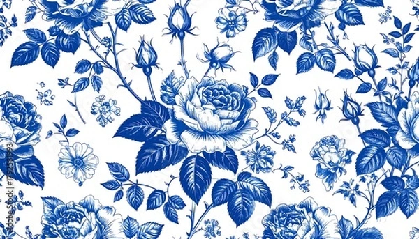 Obraz Detailed floral pattern of roses, buds, and leaves in shades of blue on a crisp white background