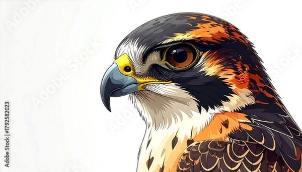 Obraz Detailed illustration of a peregrine falcon's head, showing its sharp beak and intense gaze against a white backdrop
