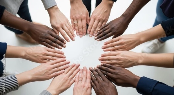 Obraz Diverse group hands forming circle on white background