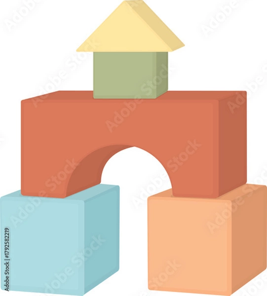 Fototapeta Colorful wooden building blocks for children. Tower made of bright geometric shapes blocks. 