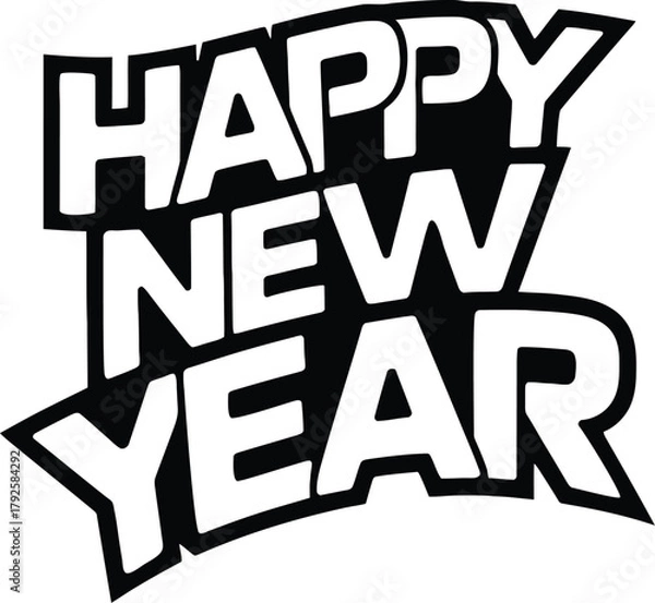 Fototapeta Happy New Year Typography Vector ? Bold Black and White Festive Text Design for New Year Celebration, Greeting Cards, and Seasonal Graphics