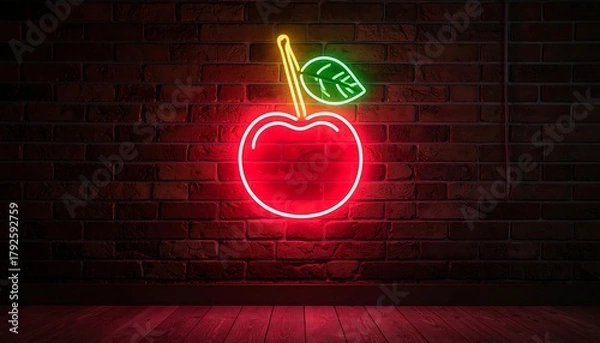 Fototapeta Neon cherry sign on a brick wall, illuminated, casting a red glow on the wooden floor below
