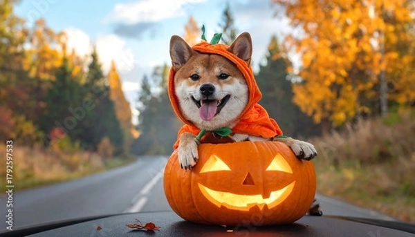 Fototapeta Shiba dog happily poses in a pumpkin costume, sitting inside a glowing jack-o'-lantern on a road