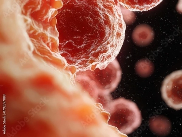 Fototapeta Microscope view of influenza virus replicating inside human cells, science visual for awareness