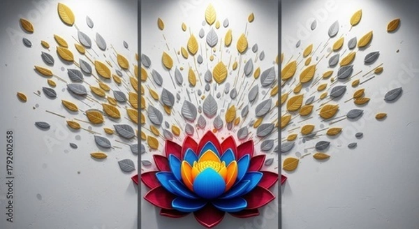 Fototapeta Colorful lotus flower with golden and silver leaves in a triptych arrangement