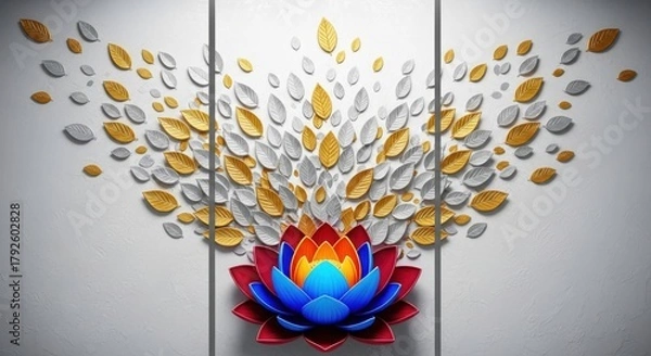 Fototapeta Vibrant lotus flower with golden and silver leaves in a triptych arrangement