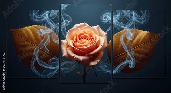 Fototapeta A triptych of a peach rose with leaves and smoke on a dark background for wall decoration