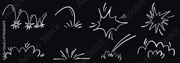 Fototapeta Line art comic doodle explosion burst vector illustration. Motion splash pop impact hand drawn element set. Water gas effects.