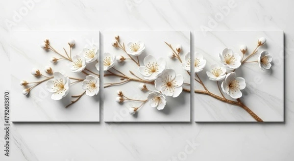 Fototapeta Triptych of white blossom branch with golden stamens