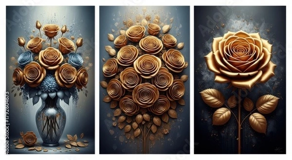 Fototapeta Golden roses in a vase and single rose, a luxurious and elegant floral arrangement on dark background