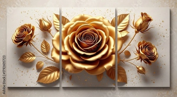 Fototapeta A stunning triptych of golden roses, each petal shimmering with light and casting delicate shadows