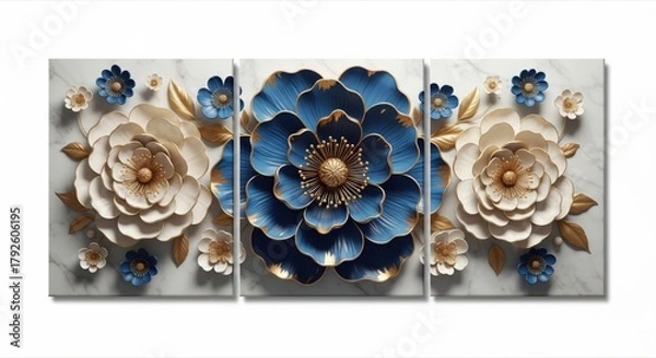 Fototapeta Elegant blue and white floral triptych, a beautiful and modern watercolor design