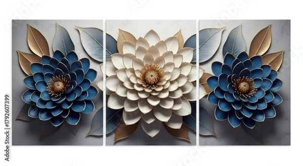 Fototapeta A stunning triptych canvas art featuring blue and gold flowers with intricate details