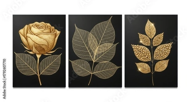 Fototapeta Golden rose and leaves on a black background in a triptych format