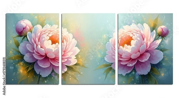 Fototapeta Pastel peony triptych with dreamy bokeh background and soft lighting