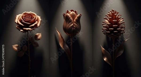 Fototapeta Elegant bronze flower and pine cone triptych with dramatic lighting on a dark background