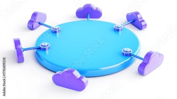 Fototapeta Architectural Layout of Data Migration Center with Cloud Elements in Vibrant Colors