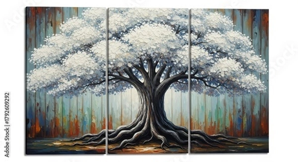 Fototapeta Majestic white tree with exposed roots on a colorful wooden background canvas print triptych