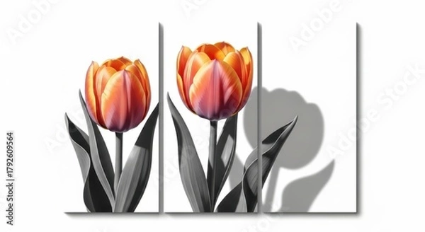 Fototapeta Three orange tulips with black and white leaves canvas print