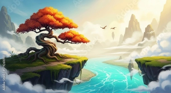 Fototapeta Bonsai tree on floating island with river and mountains, a peaceful and surreal landscape