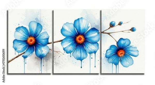 Fototapeta Triptych of blue watercolor flowers, a serene and calming artwork