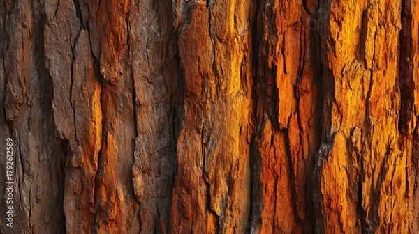 Fototapeta Flat lay of vertical tree trunk illuminated by warm golden hour sunlight, bark texture glowing softly with orange-gold tones