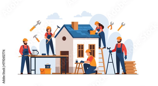 Fototapeta Dynamic construction team building a house, showcasing teamwork and skilled labor, symbolizing home improvement and property development projects now