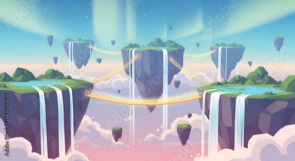 Obraz Low-Poly Fantasy Floating Islands Vector Background