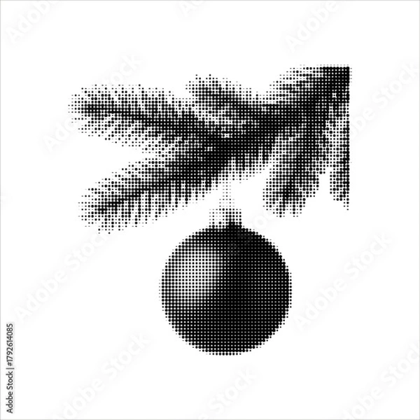 Fototapeta Halftone illustration of a Christmas bauble hanging on a fir branch on a white background. Retro dotted style holiday design.