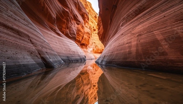 Fototapeta Canyons Embrace, Mirrored. Abstract Geological Forms and Reflections in Still Water.