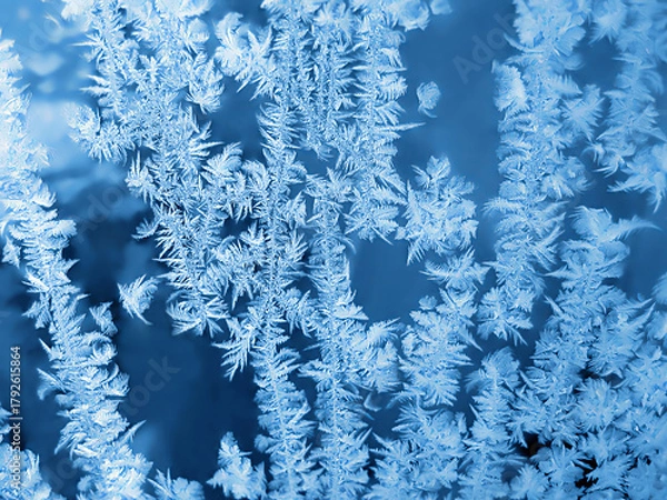 Obraz Beautiful ice patterns on winter window glass, close-up natural blue background
