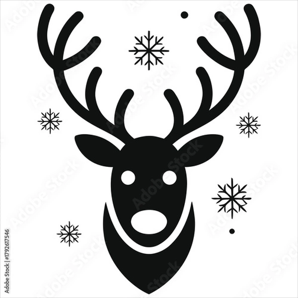 Fototapeta Winter Reindeer Head Vector Icon with Antlers and Falling Snowflakes - Black Silhouette Illustration for Christmas Holiday Design, Seasonal Greeting Cards, Festive Decor, Arctic Wildlife Symbol