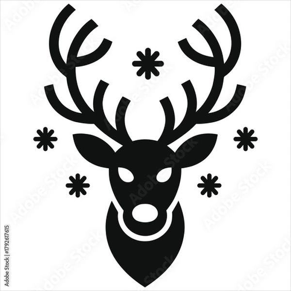 Fototapeta Christmas reindeer head silhouette vector icon with snowflakes. Black deer face logo with antlers isolated on white background. Winter holiday decoration and minimalist animal graphic design.
