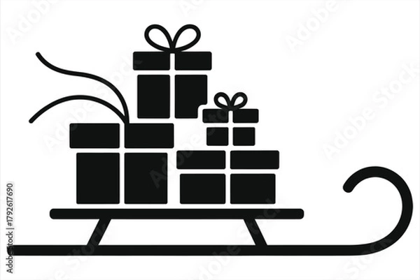 Fototapeta Christmas sledge with gift boxes silhouette vector icon – festive winter holiday illustration for greeting card, banner, poster, wrapping pattern, Santa present delivery concept, isolated clipart