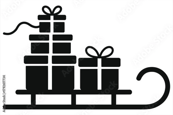 Fototapeta Christmas sleigh with gifts silhouette vector icon. Santa Claus sled delivering presents. Winter holiday decoration and shopping symbol. Black isolated sledge illustration on white background