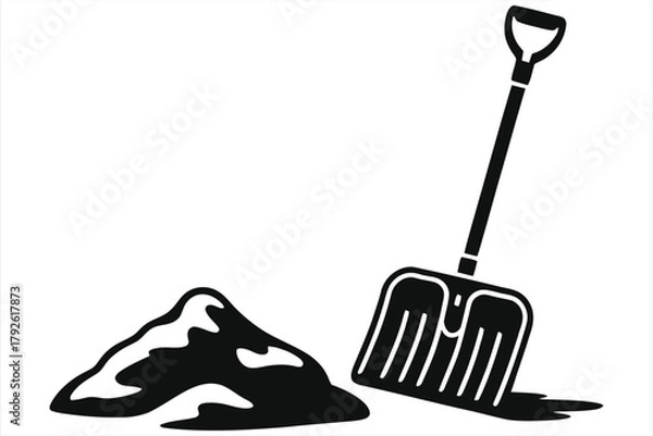 Fototapeta Snow shovel and snow pile vector icon. Winter season snow removal and shoveling concept. Simple black silhouette of a spade in a snowdrift, isolated on white background. Cleanup equipment symbol.