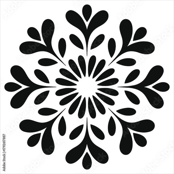 Fototapeta Black snowflake mandala vector icon isolated on white background. Ornamental floral winter design element. Christmas decoration silhouette symbol. Geometric symmetry pattern for New Year holiday card.