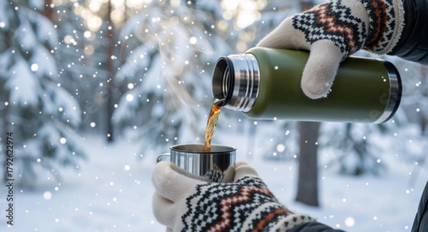 Fototapeta Hands in mittens pouring a hot drink from a thermos into a mug. Winter scene in a snowy forest with falling snow. Outdoor adventure and cozy lifestyle
