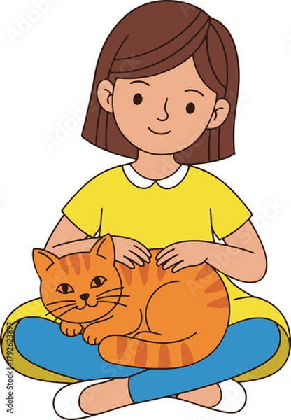 Obraz smiling girl with short brown hair, wearing a yellow top and blue pants, sitting cross-legged while gently petting an orange tabby cat resting on her lap.